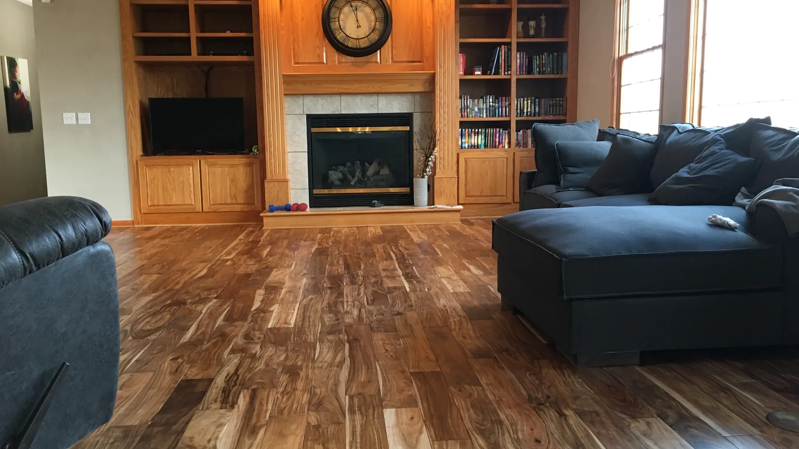 Living room with hickory hardwood flooring installed by Flooring Trends in Loves Park, IL
